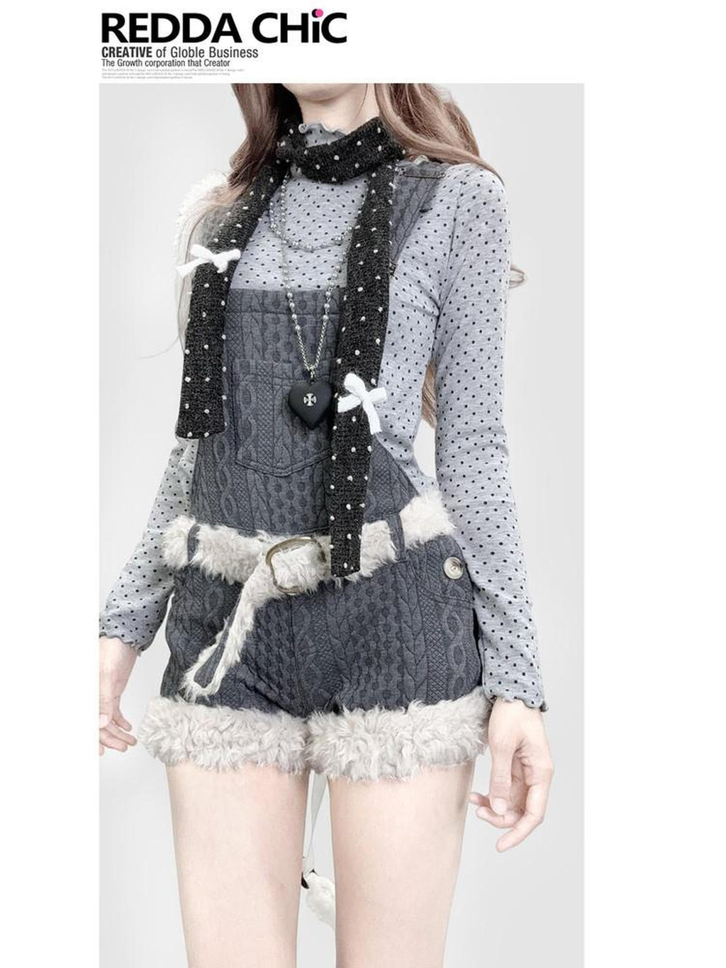 REDDACHIC Fur Patchwork Suspender Layered Vintage Women'S Wool Knit Short Trousers