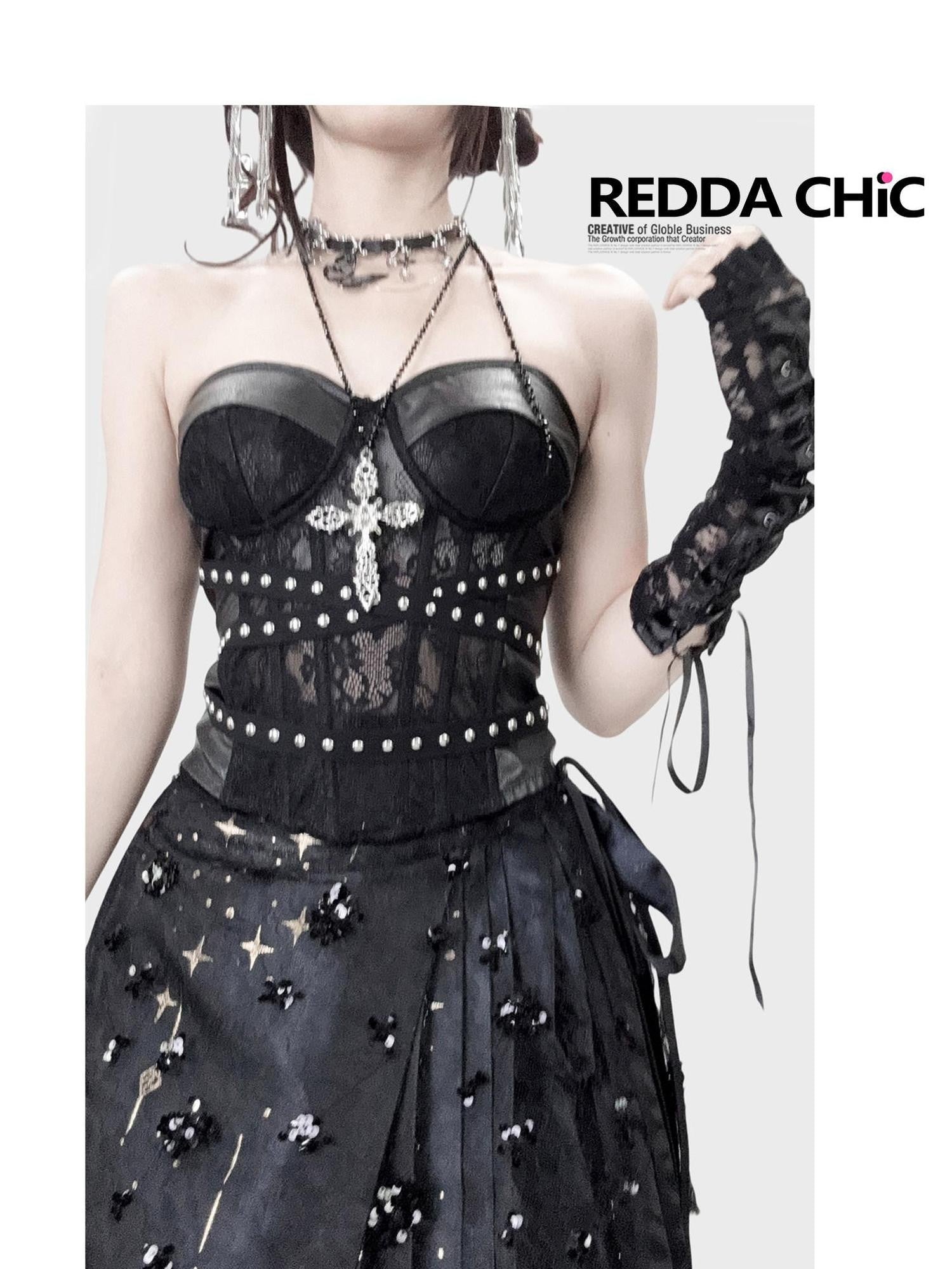 REDDACHIC Goth Boned Lace Asymmetrical Padded Women'S Leather Tube Tops / Bandeaus