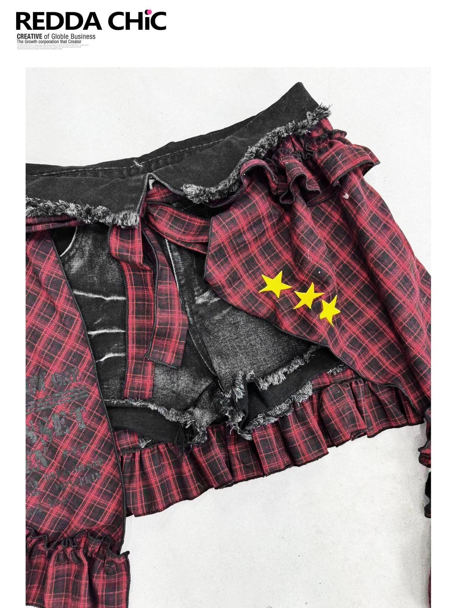 REDDACHIC Goth Red Black Plaid Asymmetric Apron Overlay Women'S Cotton Mini Skirts