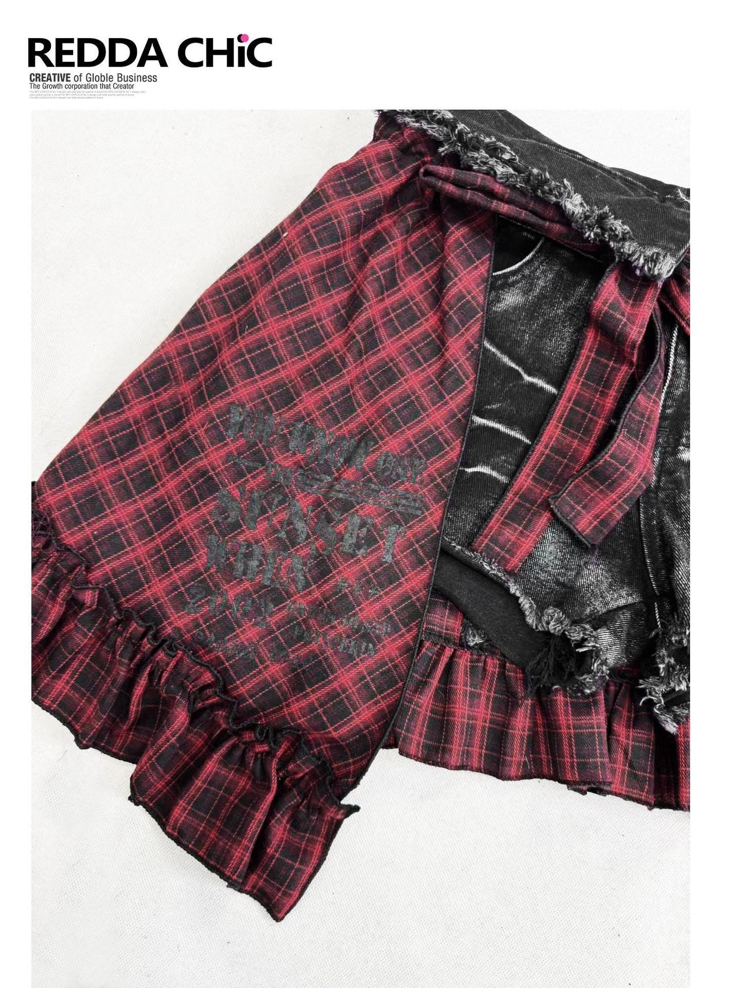 REDDACHIC Goth Red Black Plaid Asymmetric Apron Overlay Women'S Cotton Mini Skirts