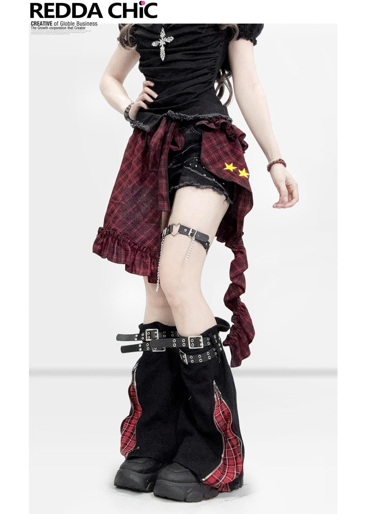 REDDACHIC Goth Red Black Plaid Asymmetric Apron Overlay Women'S Cotton Mini Skirts