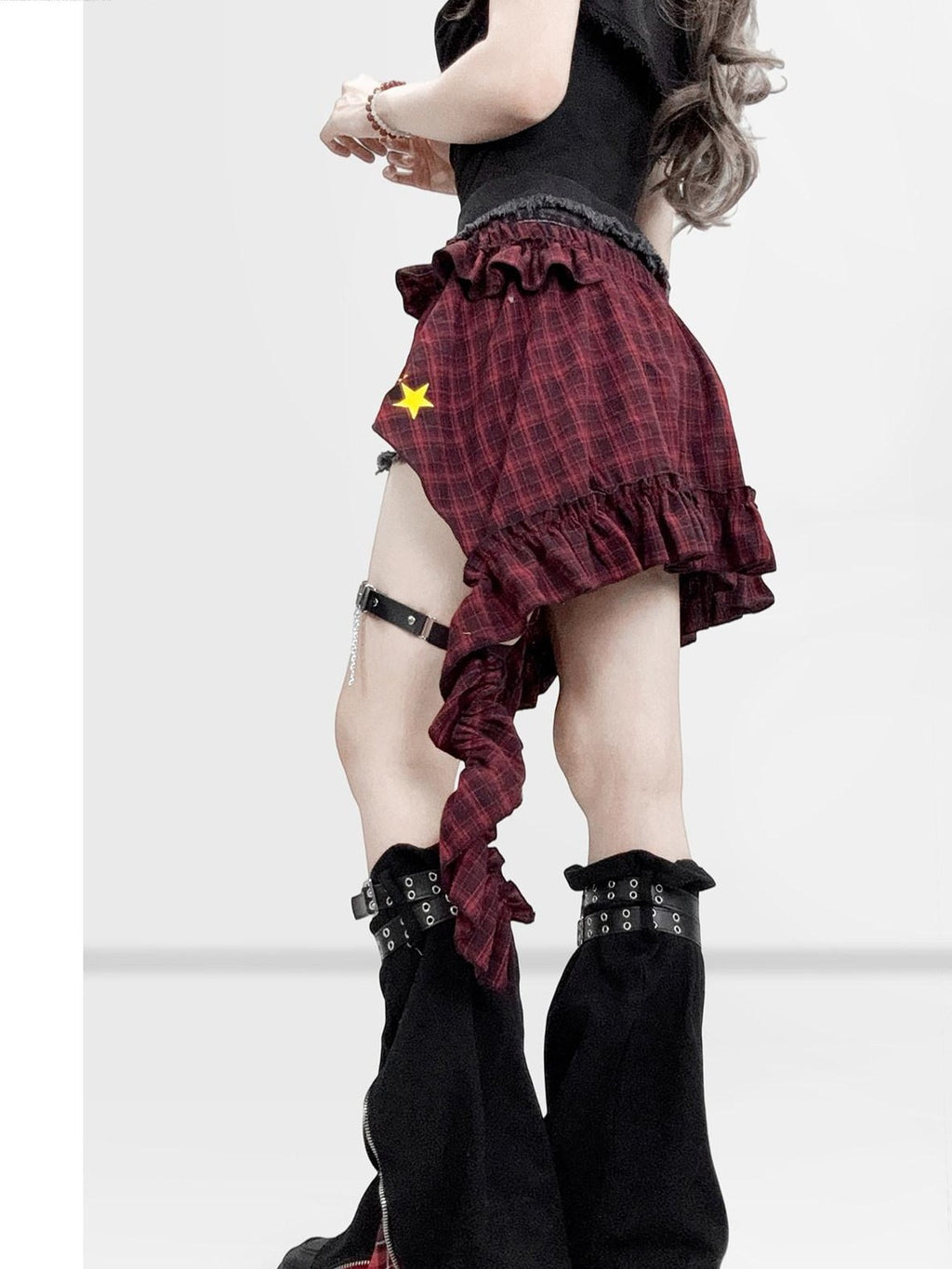 REDDACHIC Goth Red Black Plaid Asymmetric Apron Overlay Women'S Cotton Mini Skirts