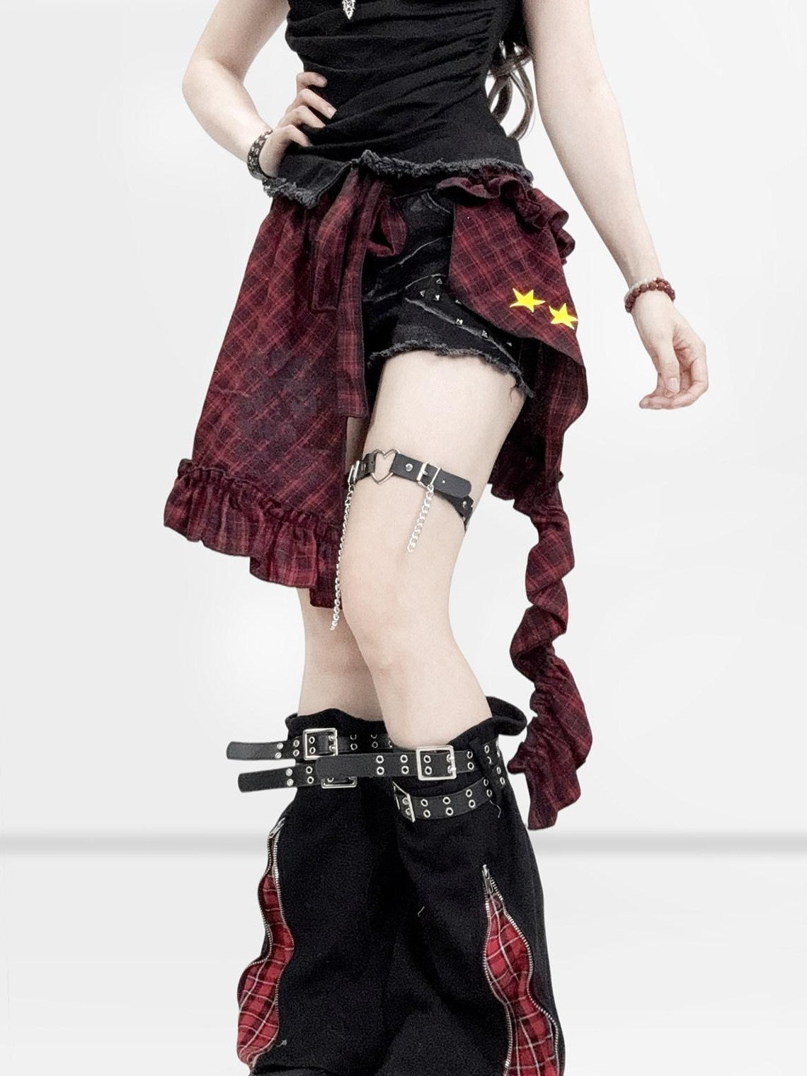 REDDACHIC Goth Red Black Plaid Asymmetric Apron Overlay Women'S Cotton Mini Skirts