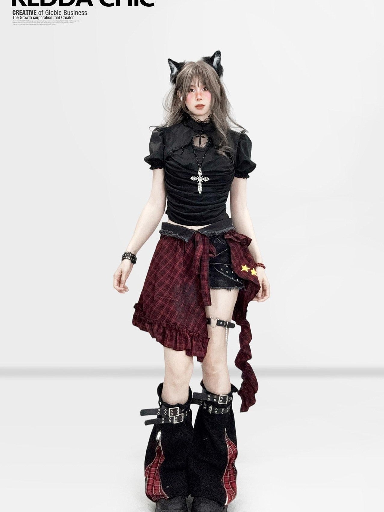 REDDACHIC Goth Red Black Plaid Asymmetric Apron Overlay Women'S Cotton Mini Skirts