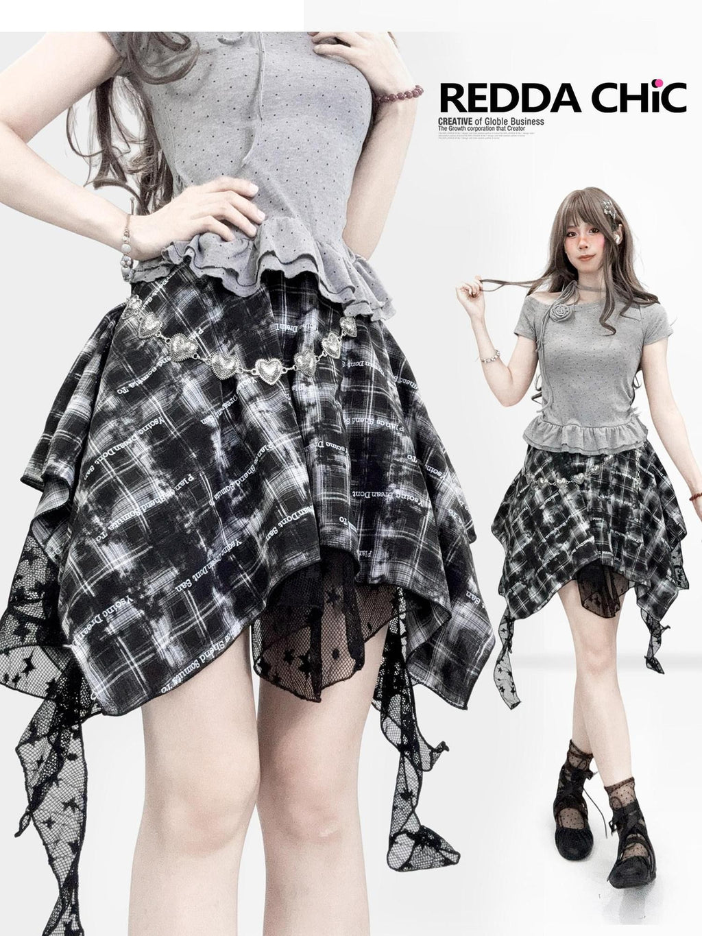 REDDACHIC Gothic Black White Plaid Asymmetric Pleated High Waist Women'S Lace Mini Skirts
