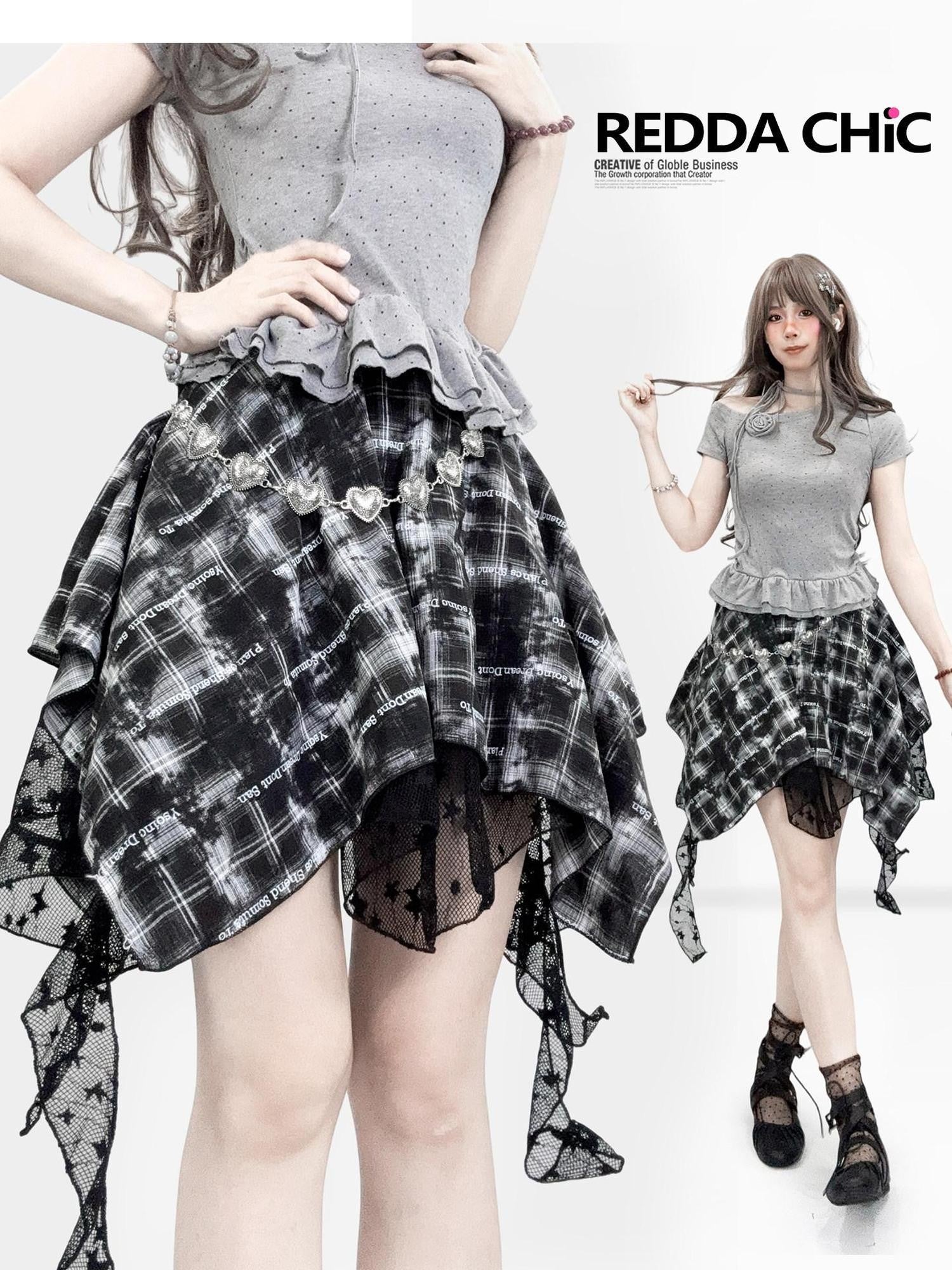 REDDACHIC Gothic Black White Plaid Asymmetric Pleated High Waist Women'S Lace Mini Skirts