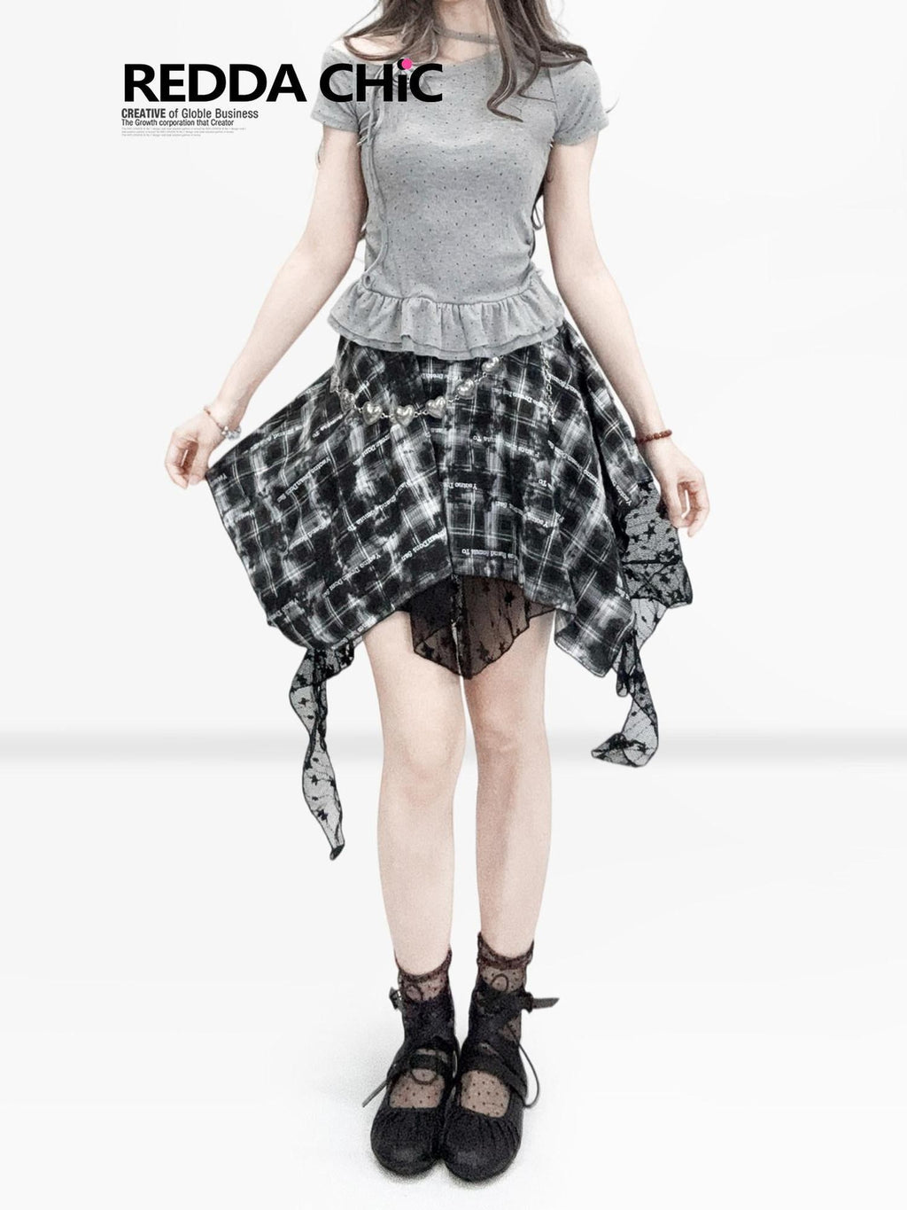 REDDACHIC Gothic Black White Plaid Asymmetric Pleated High Waist Women'S Lace Mini Skirts