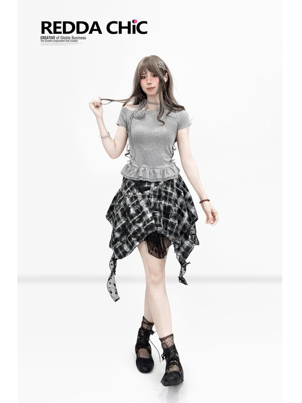 REDDACHIC Gothic Black White Plaid Asymmetric Pleated High Waist Women'S Lace Mini Skirts