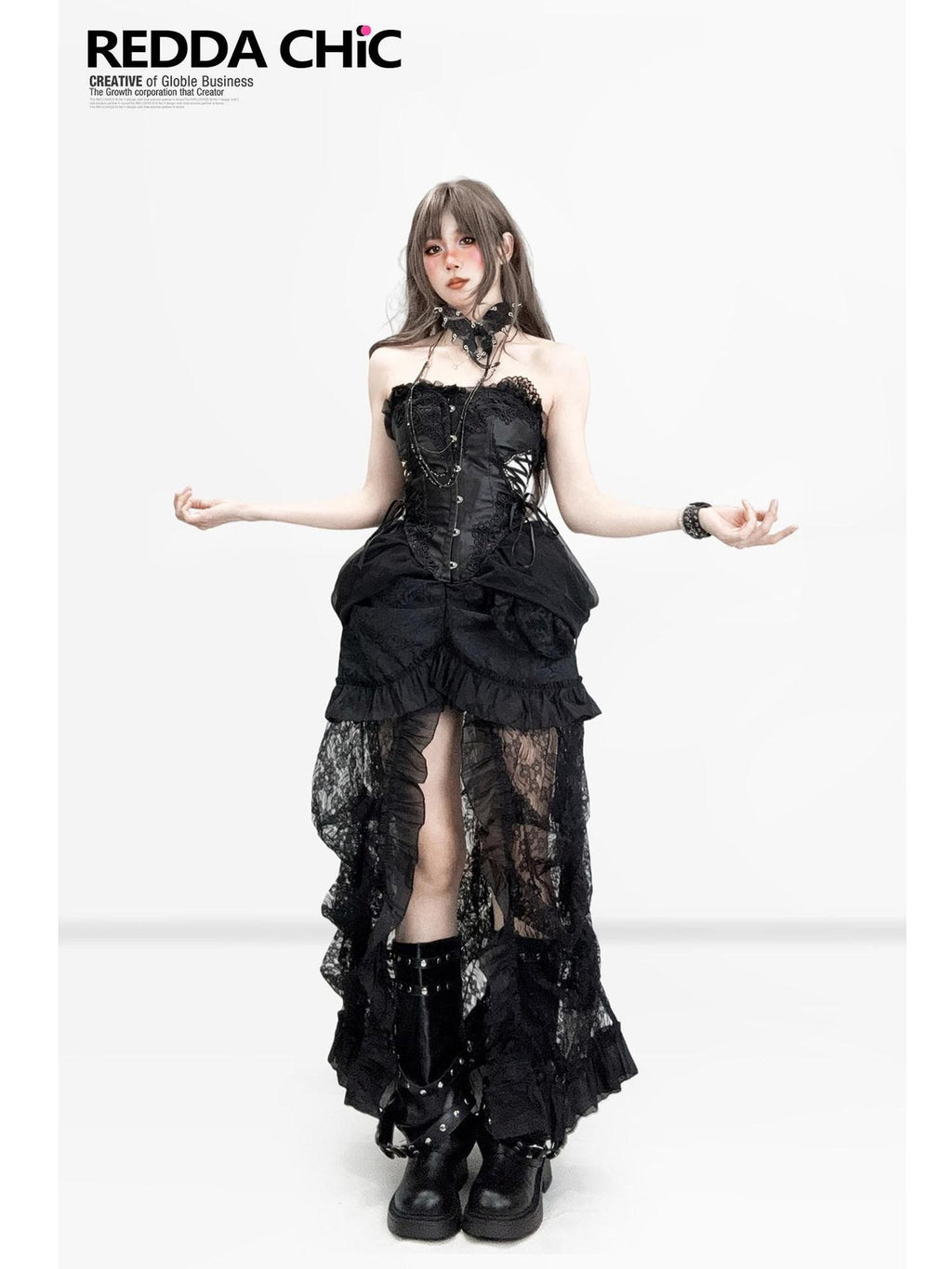 REDDACHIC Gothic Corset Lace Asymmetrical Women'S Lace Cotton Strapless Maxi Dresses