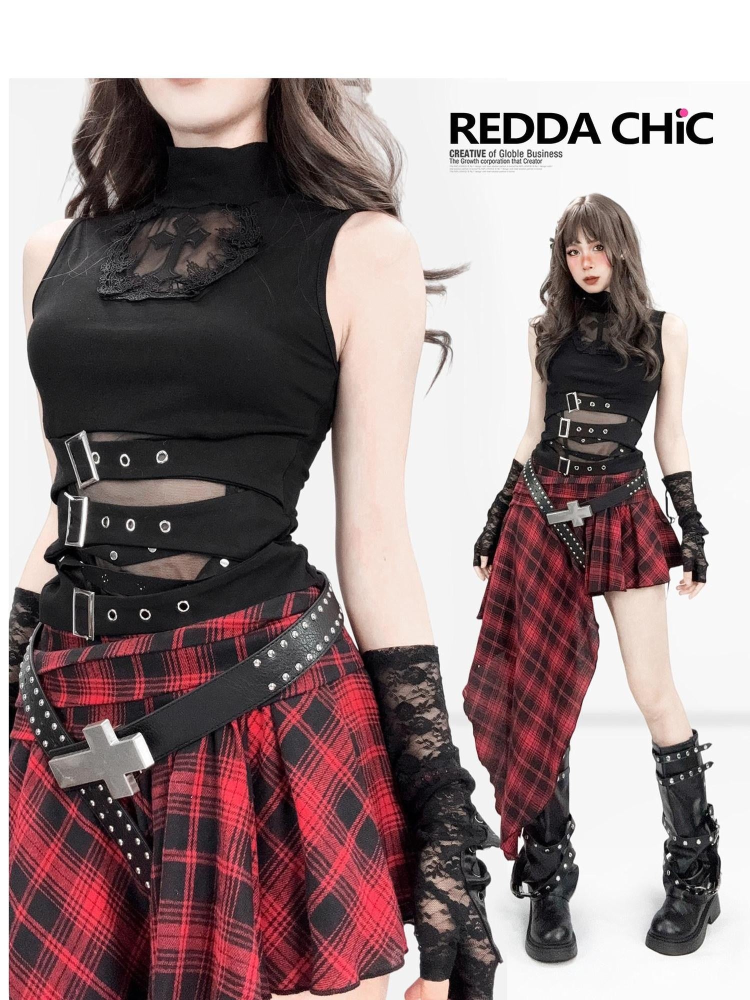 REDDACHIC Gothic Cutout Punk Mock Neck Cropped Slim Women'S Polyester Tank Tops