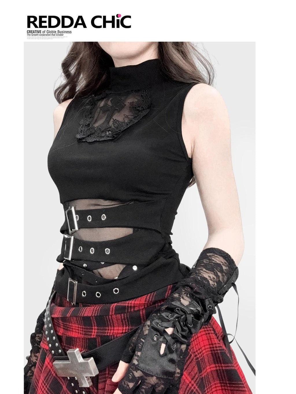 REDDACHIC Gothic Cutout Punk Mock Neck Cropped Slim Women'S Polyester Tank Tops