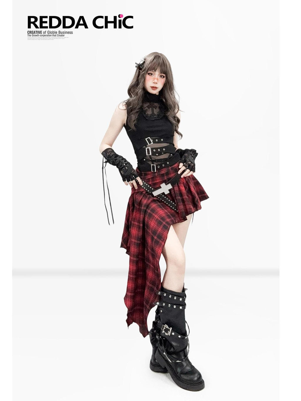 REDDACHIC Gothic Cutout Punk Mock Neck Cropped Slim Women'S Polyester Tank Tops