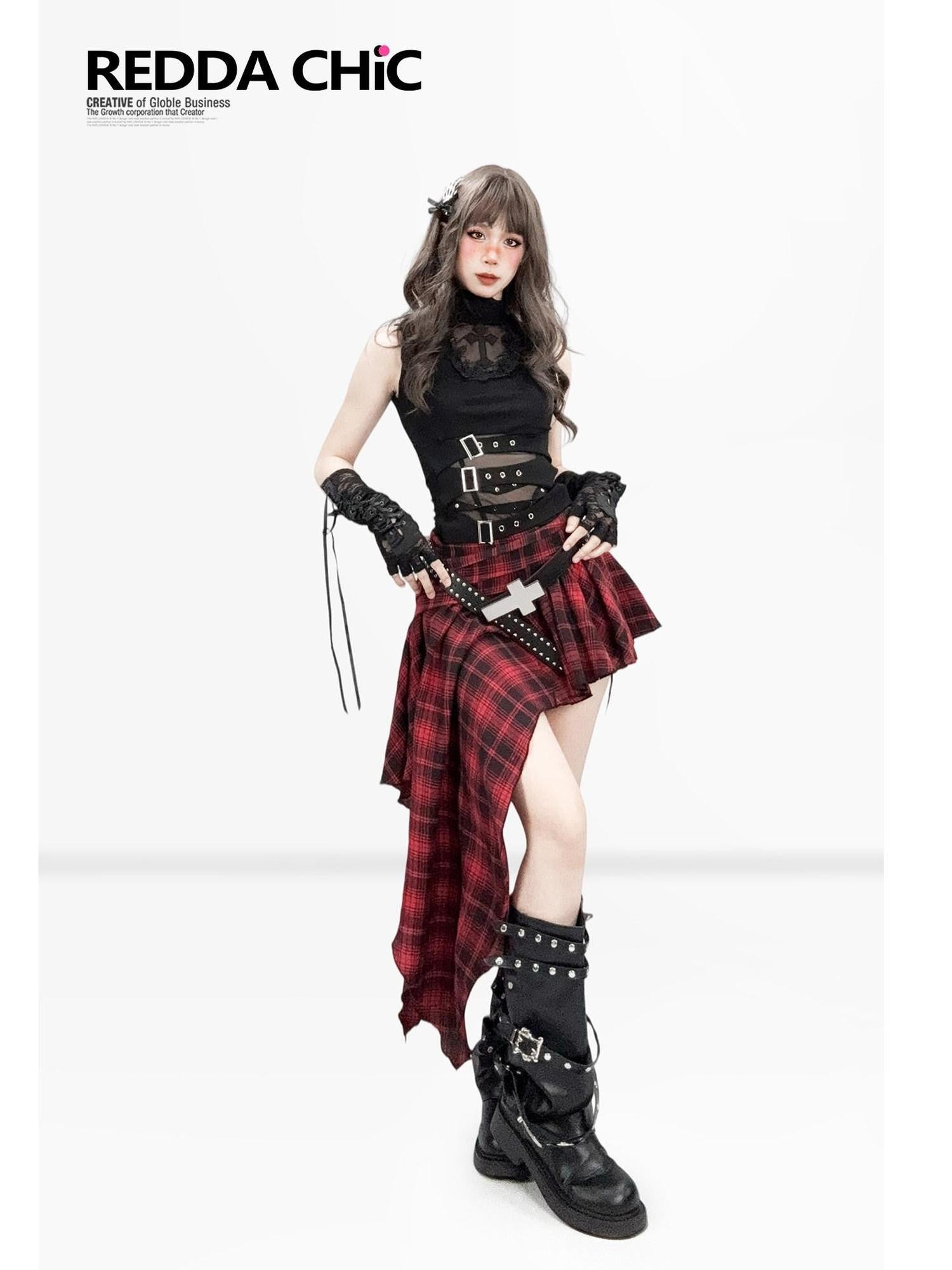REDDACHIC Gothic Cutout Punk Mock Neck Cropped Slim Women'S Polyester Tank Tops