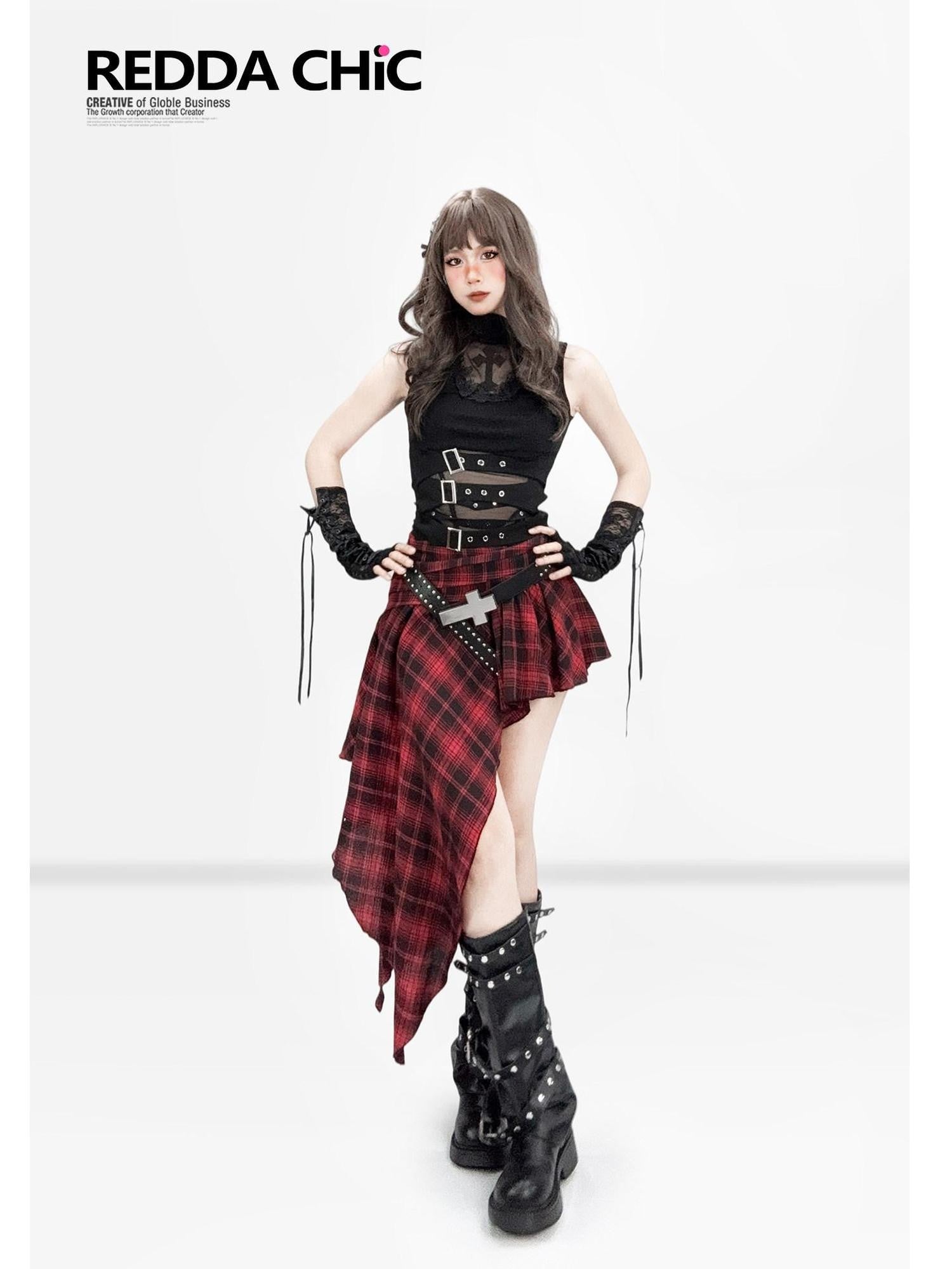 REDDACHIC Gothic Cutout Punk Mock Neck Cropped Slim Women'S Polyester Tank Tops