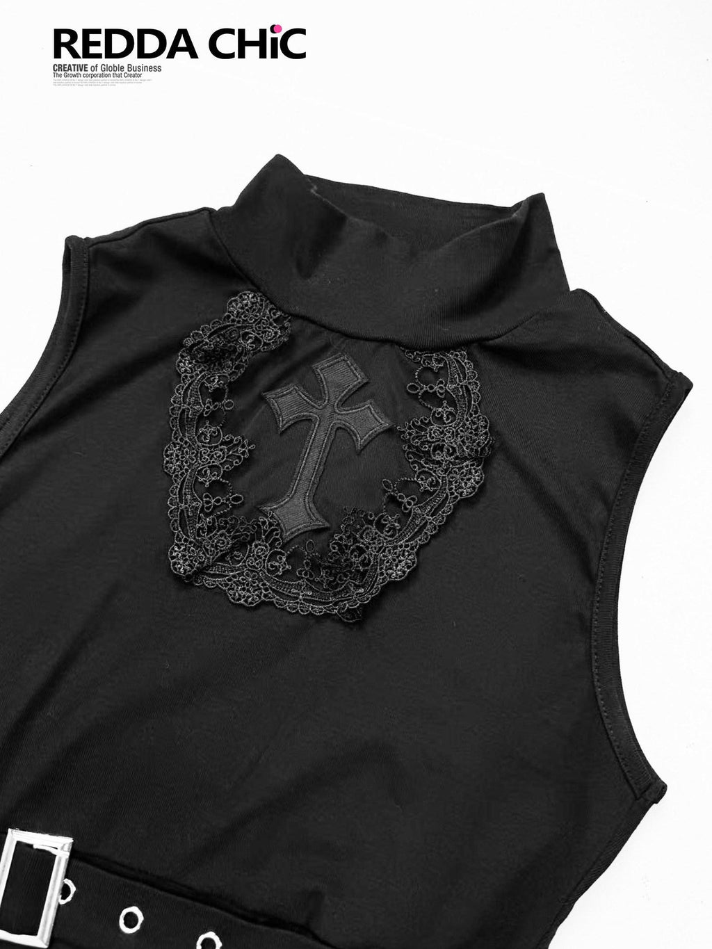 REDDACHIC Gothic Cutout Punk Mock Neck Cropped Slim Women'S Polyester Tank Tops