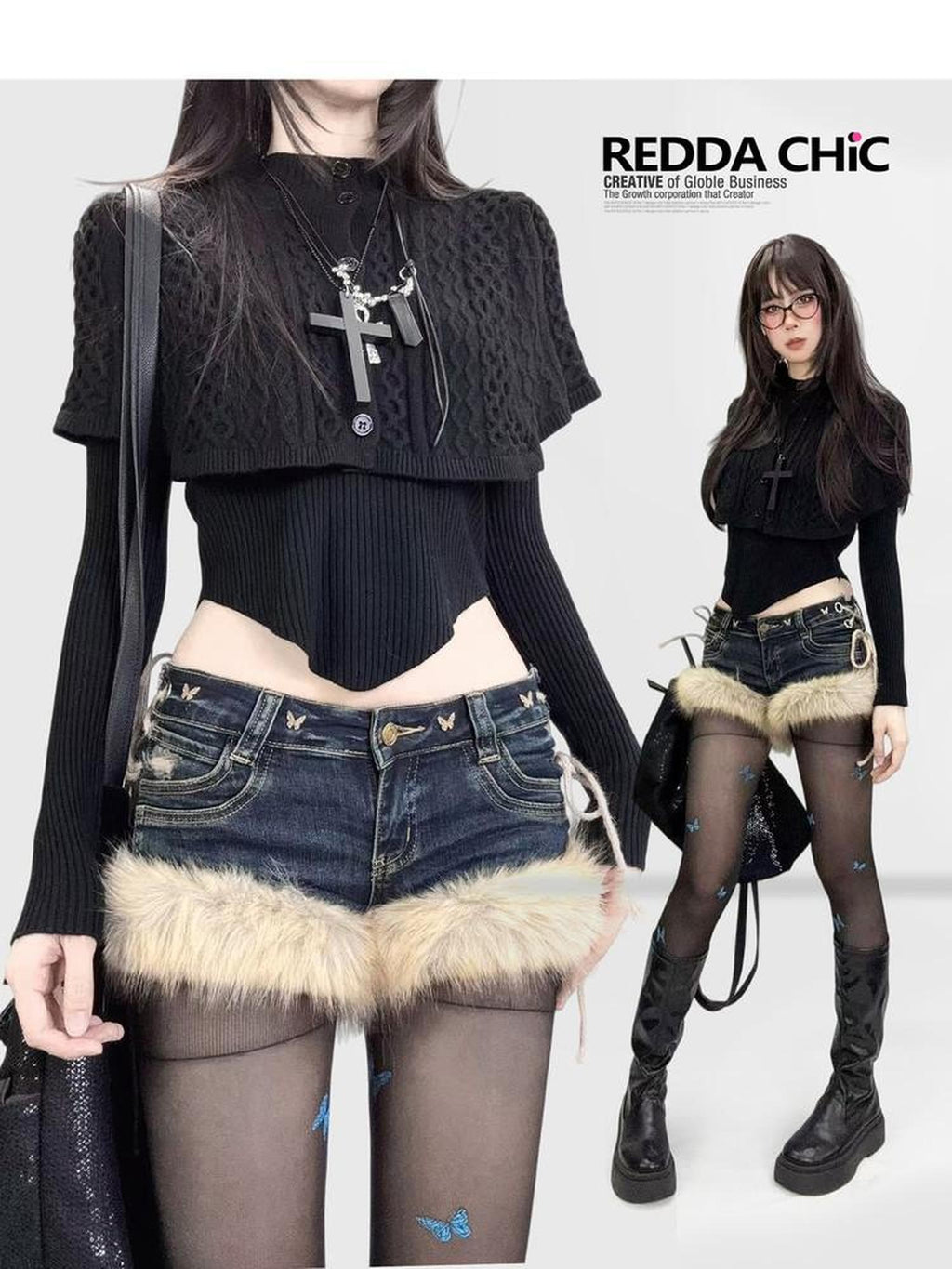 REDDACHIC Gothic Dark Asymmetrical Cape Knit Drop Shoulder Cropped Slim Women'S Sweaters