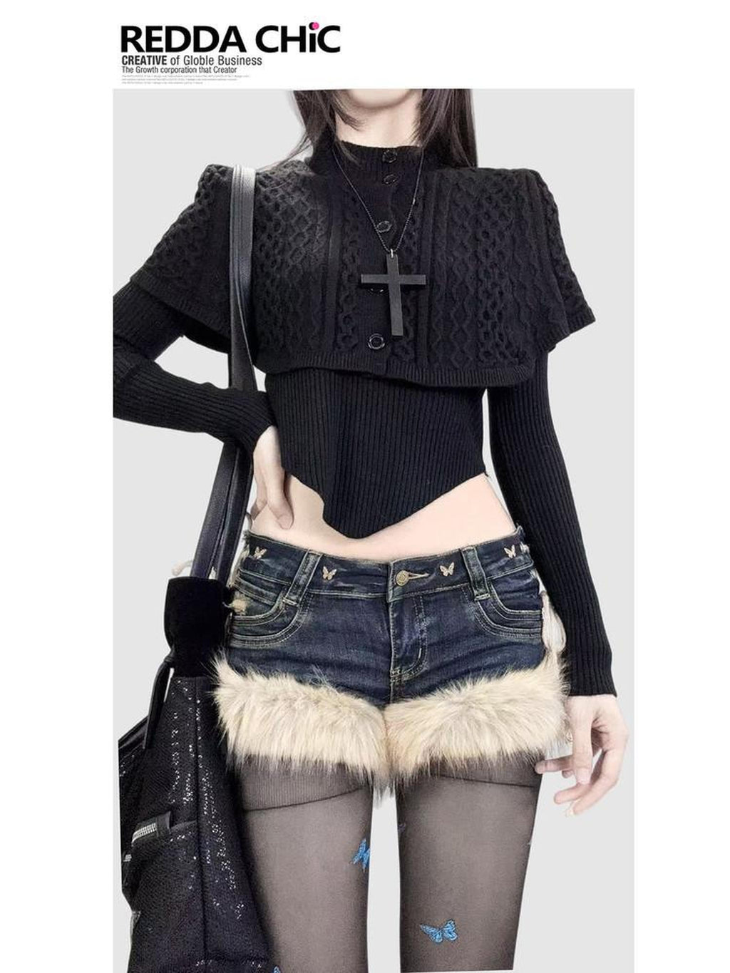 REDDACHIC Gothic Dark Asymmetrical Cape Knit Drop Shoulder Cropped Slim Women'S Sweaters