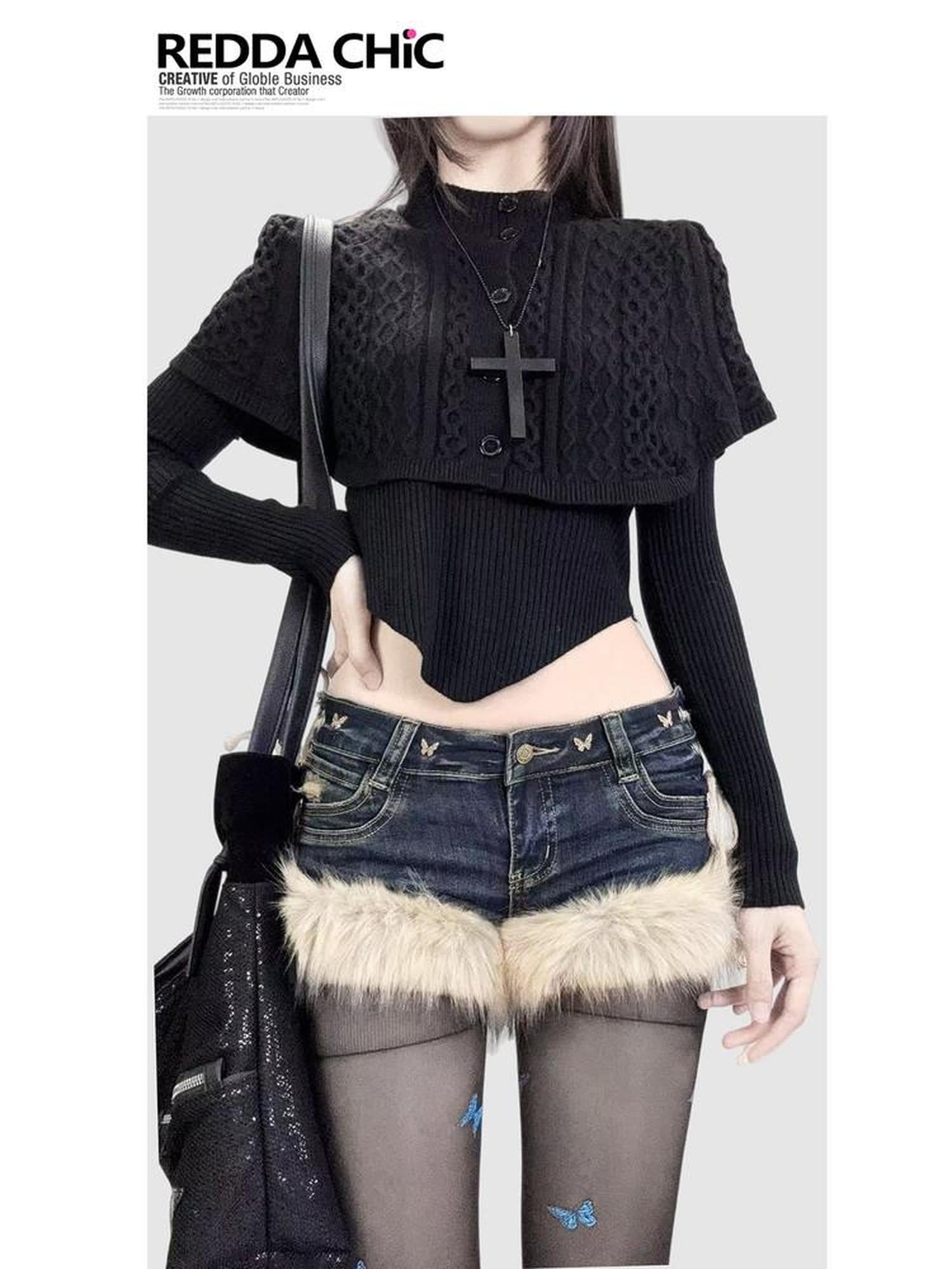 REDDACHIC Gothic Dark Asymmetrical Cape Knit Drop Shoulder Cropped Slim Women'S Sweaters