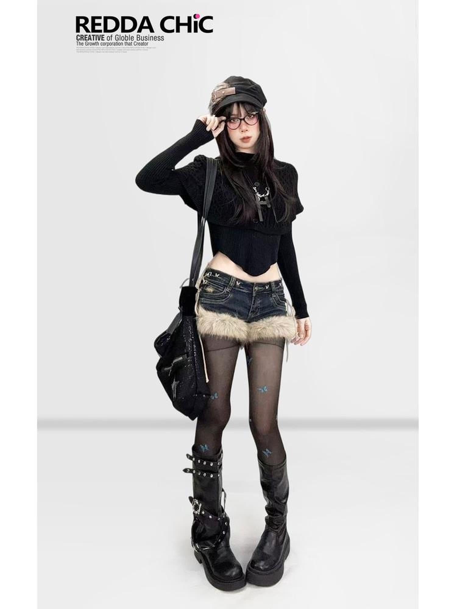 REDDACHIC Gothic Dark Asymmetrical Cape Knit Drop Shoulder Cropped Slim Women'S Sweaters
