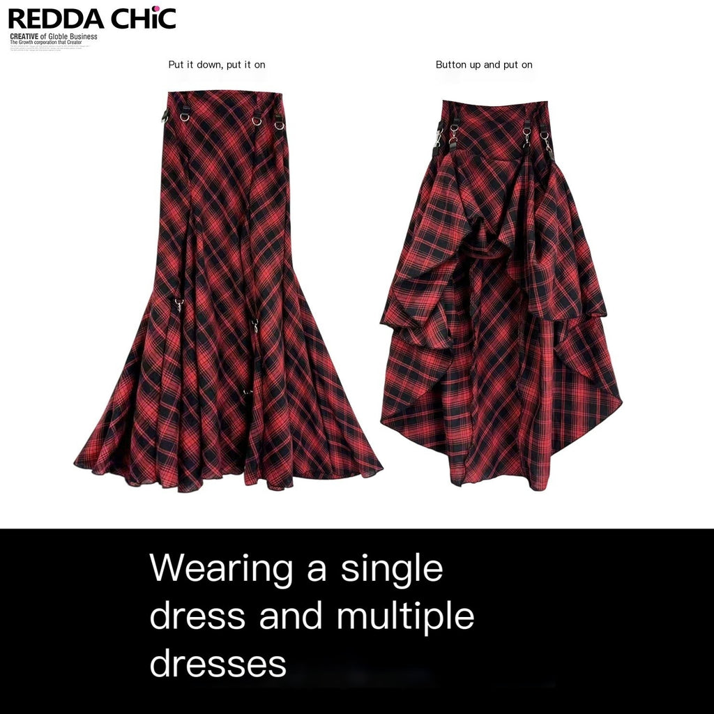 REDDACHIC_Gothic_Dark_Red_Plaid_Asymmetric_Patchwork_Women'S_Other_Fabric_Maxi_Skirts_MISSTT
