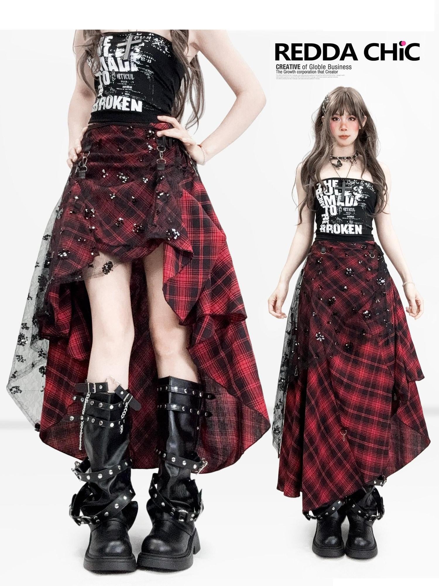 REDDACHIC Gothic Dark Red Plaid Asymmetric Patchwork Women'S Other Fabric Maxi Skirts
