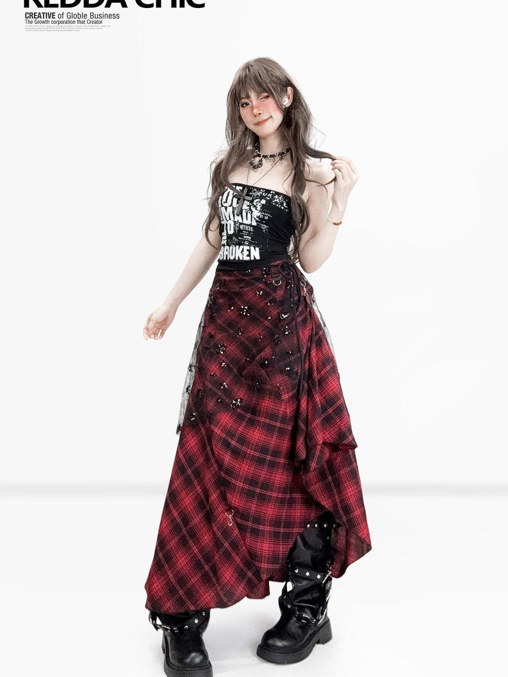 REDDACHIC Gothic Dark Red Plaid Asymmetric Patchwork Women'S Other Fabric Maxi Skirts