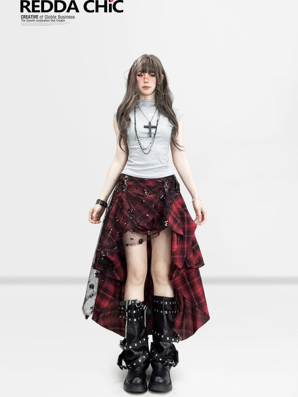 REDDACHIC Gothic Dark Red Plaid Asymmetric Patchwork Women'S Other Fabric Maxi Skirts