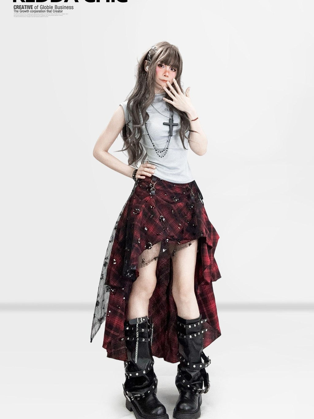 REDDACHIC Gothic Dark Red Plaid Asymmetric Patchwork Women'S Other Fabric Maxi Skirts