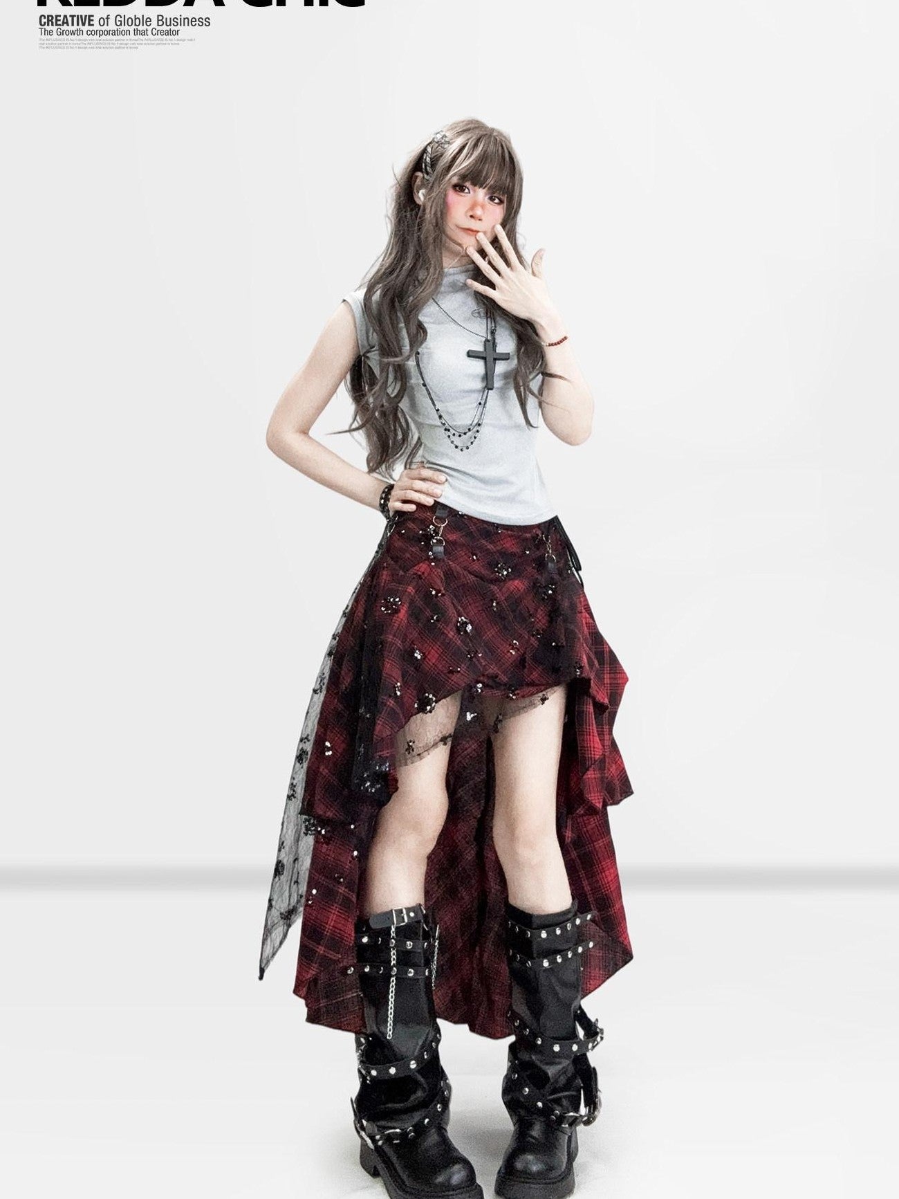REDDACHIC Gothic Dark Red Plaid Asymmetric Patchwork Women'S Other Fabric Maxi Skirts