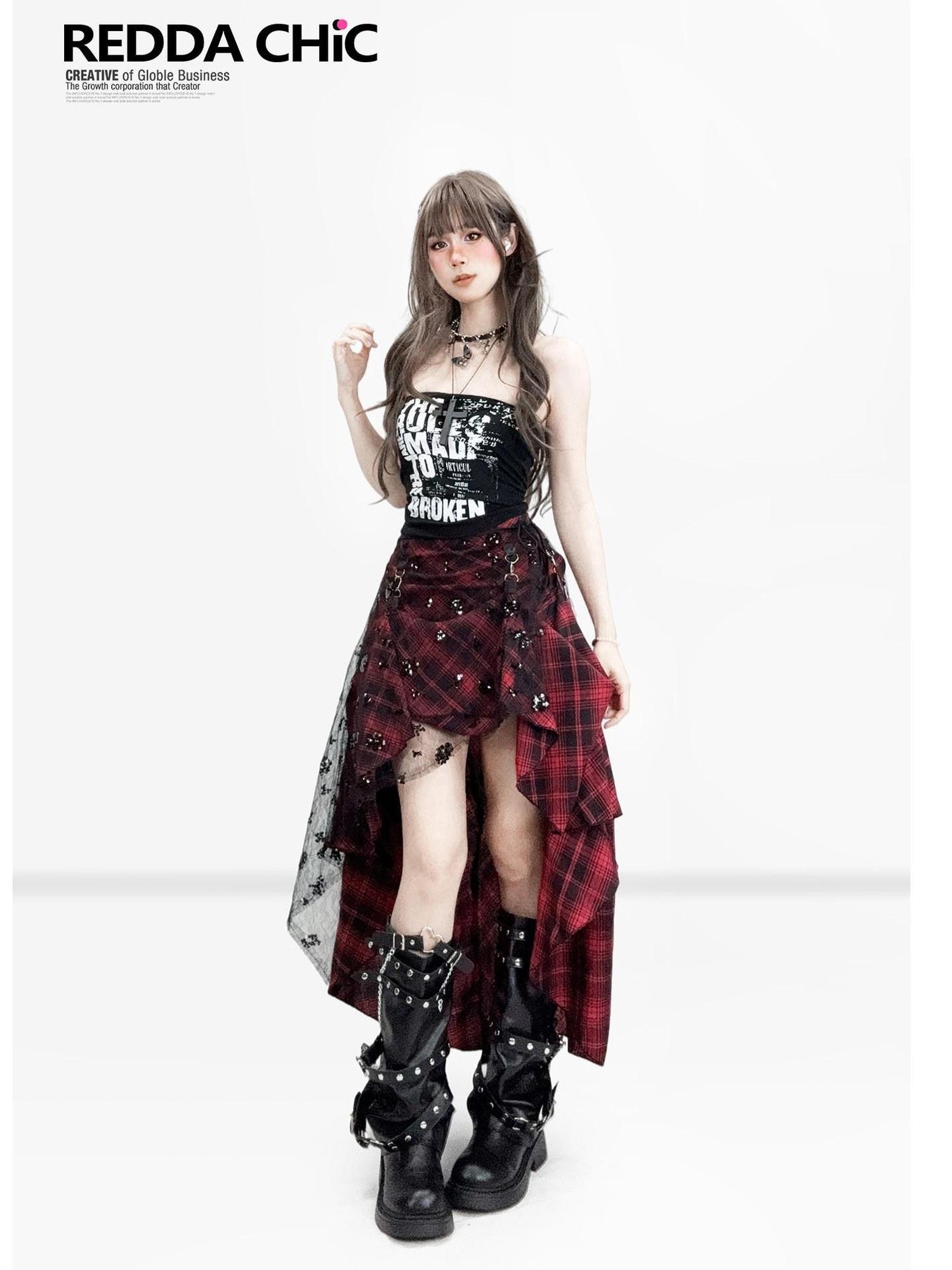 REDDACHIC Gothic Dark Red Plaid Asymmetric Patchwork Women'S Other Fabric Maxi Skirts
