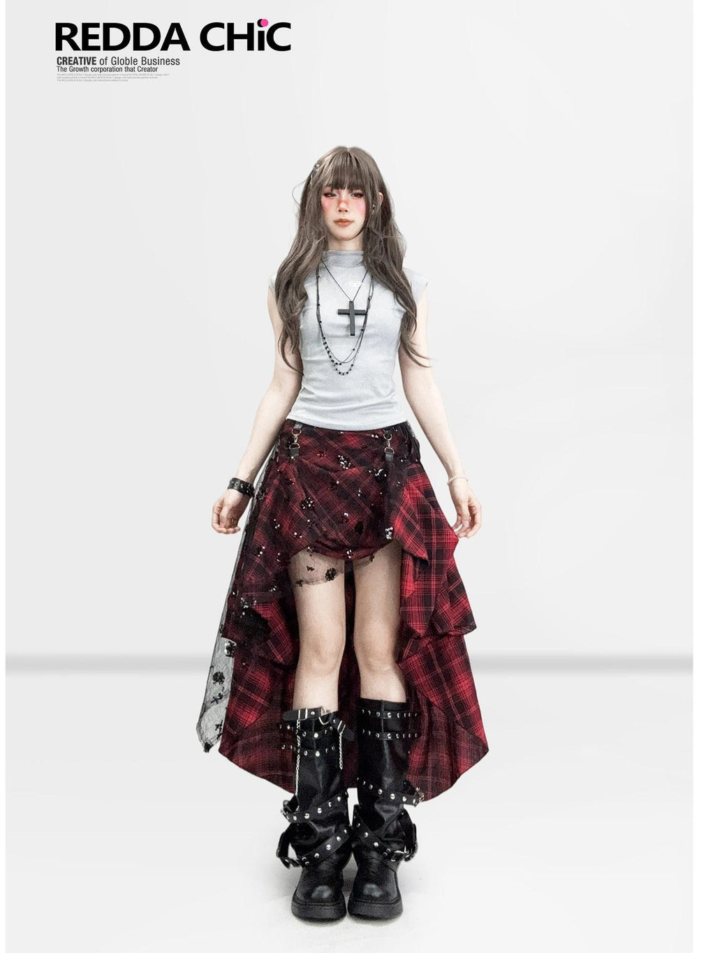REDDACHIC Gothic Dark Red Plaid Asymmetric Patchwork Women'S Other Fabric Maxi Skirts