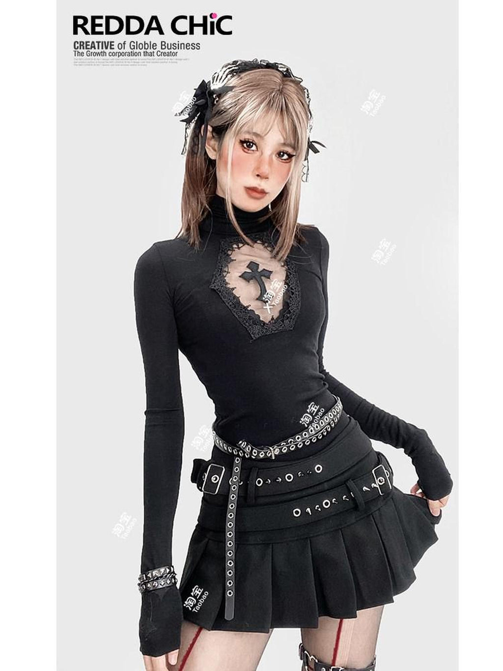 REDDACHIC Gothic Embroidered Cross Cutout High Neck Slim Women'S Knit Long Sleeve T-Shirts