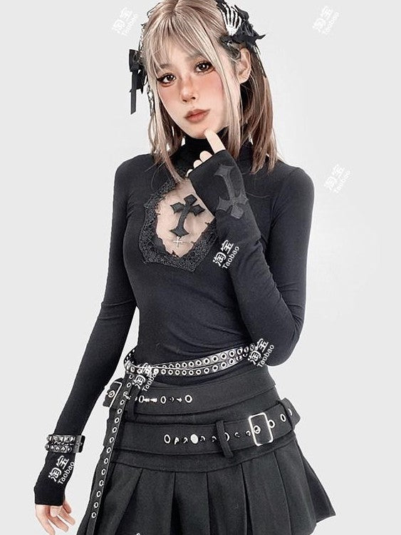 REDDACHIC Gothic Embroidered Cross Cutout High Neck Slim Women'S Knit Long Sleeve T-Shirts