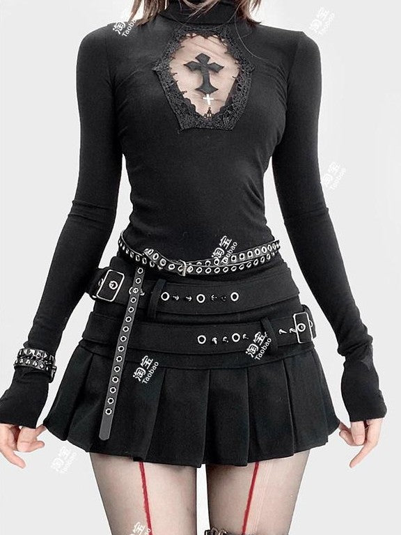 REDDACHIC Gothic Embroidered Cross Cutout High Neck Slim Women'S Knit Long Sleeve T-Shirts