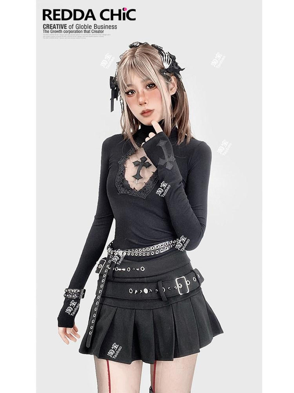 REDDACHIC Gothic Embroidered Cross Cutout High Neck Slim Women'S Knit Long Sleeve T-Shirts