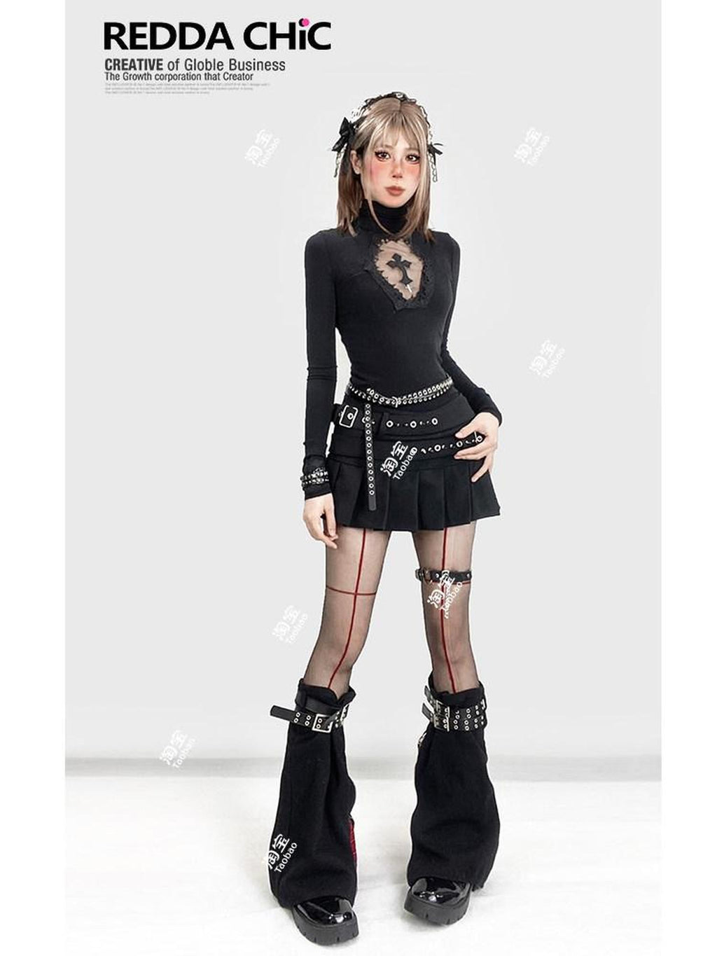 REDDACHIC Gothic Embroidered Cross Cutout High Neck Slim Women'S Knit Long Sleeve T-Shirts