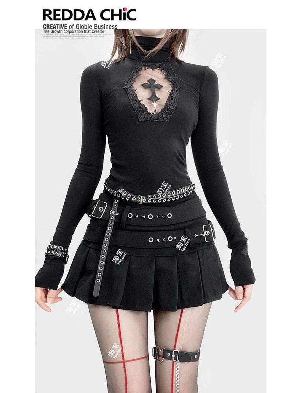 REDDACHIC Gothic Embroidered Cross Cutout High Neck Slim Women'S Knit Long Sleeve T-Shirts