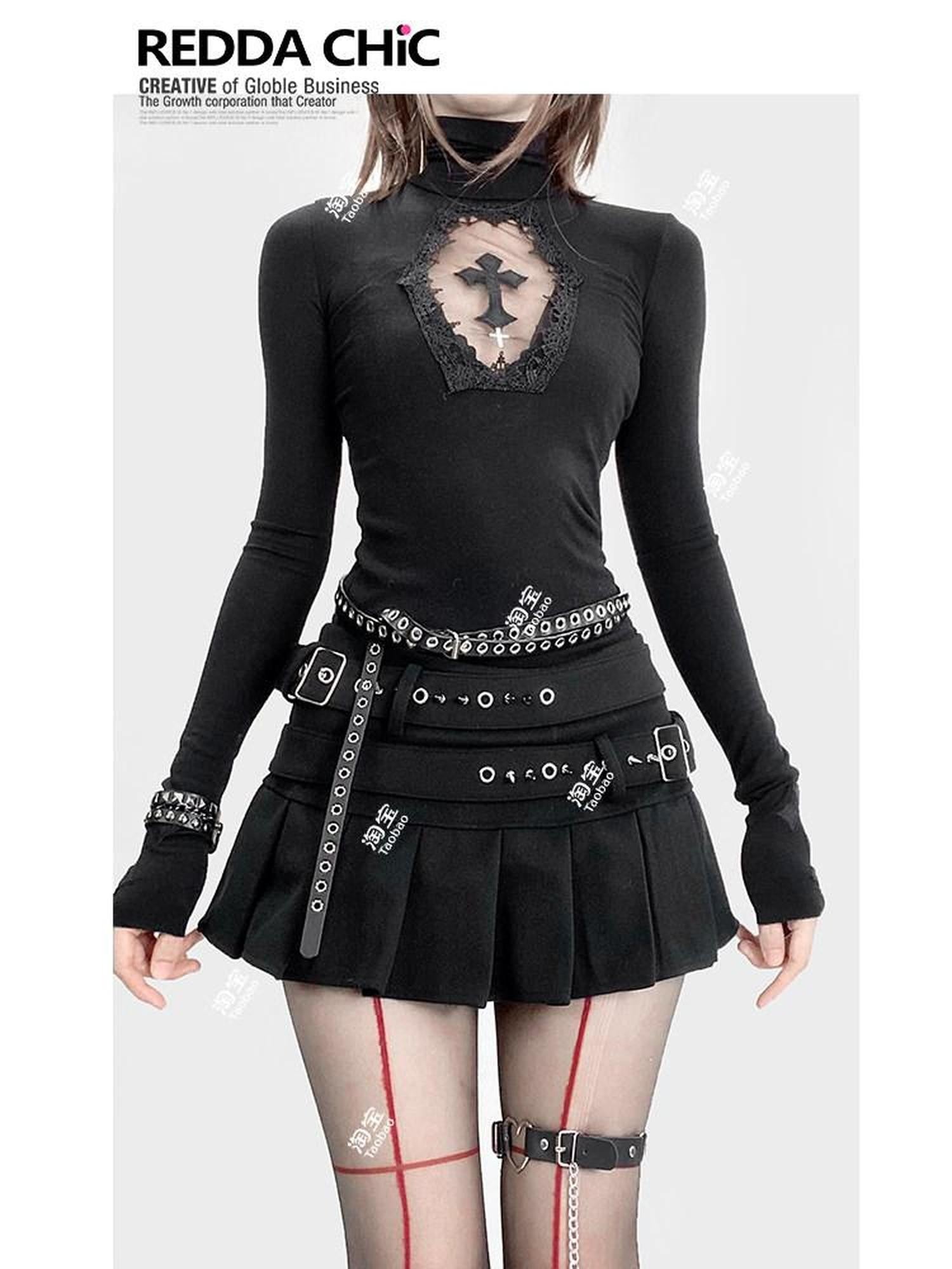 REDDACHIC Gothic Embroidered Cross Cutout High Neck Slim Women'S Knit Long Sleeve T-Shirts