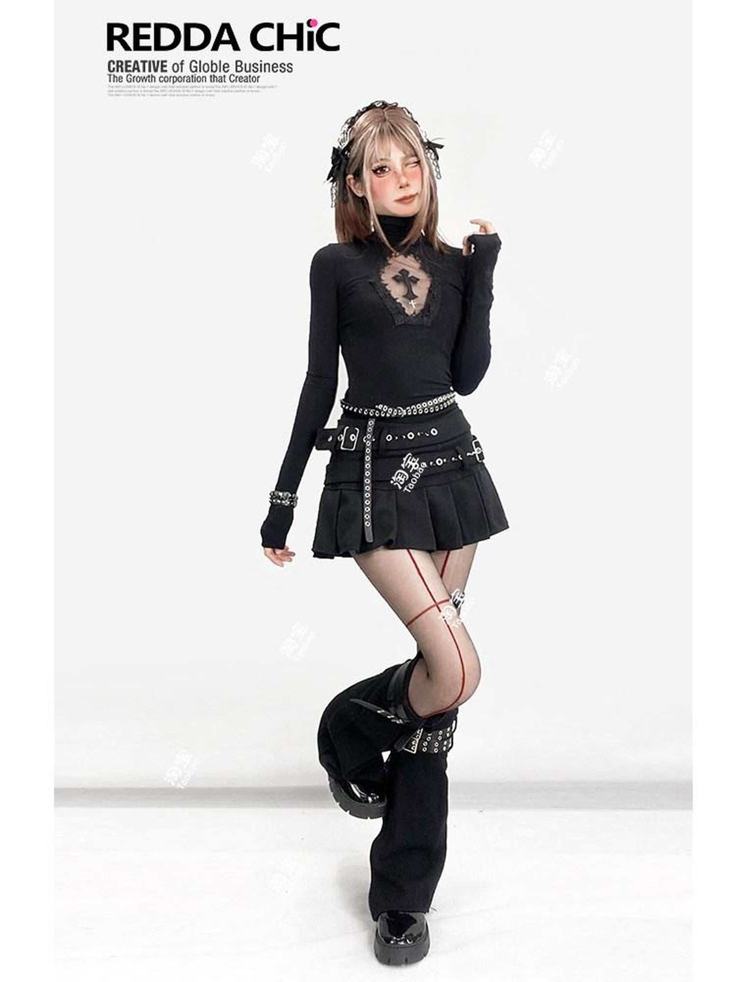 REDDACHIC Gothic Embroidered Cross Cutout High Neck Slim Women'S Knit Long Sleeve T-Shirts