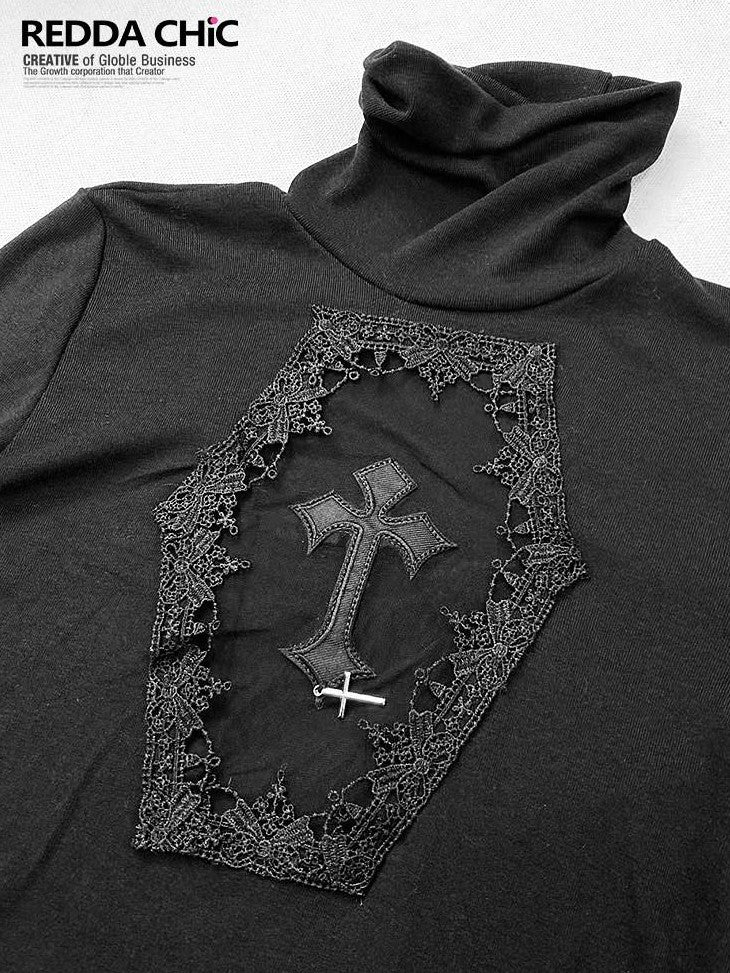REDDACHIC Gothic Embroidered Cross Cutout High Neck Slim Women'S Knit Long Sleeve T-Shirts