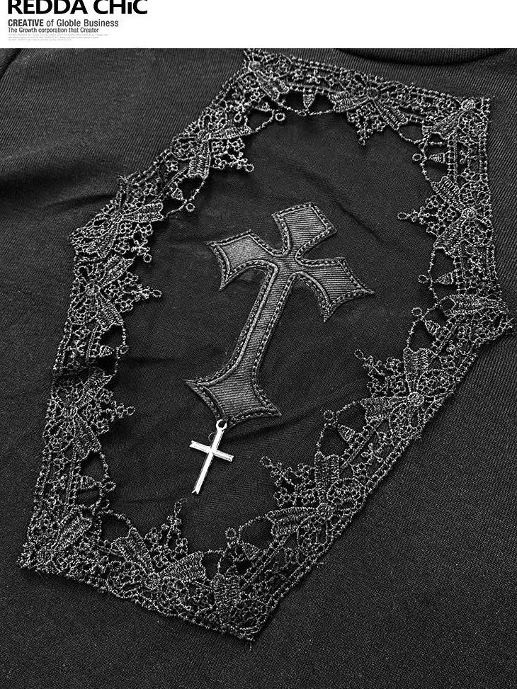REDDACHIC Gothic Embroidered Cross Cutout High Neck Slim Women'S Knit Long Sleeve T-Shirts