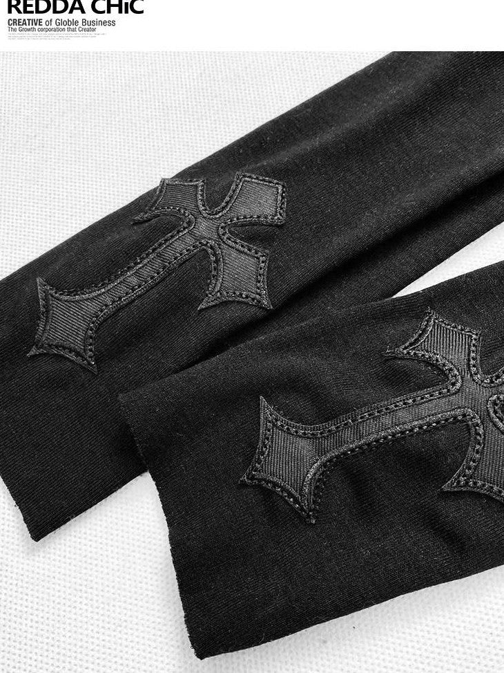 REDDACHIC Gothic Embroidered Cross Cutout High Neck Slim Women'S Knit Long Sleeve T-Shirts
