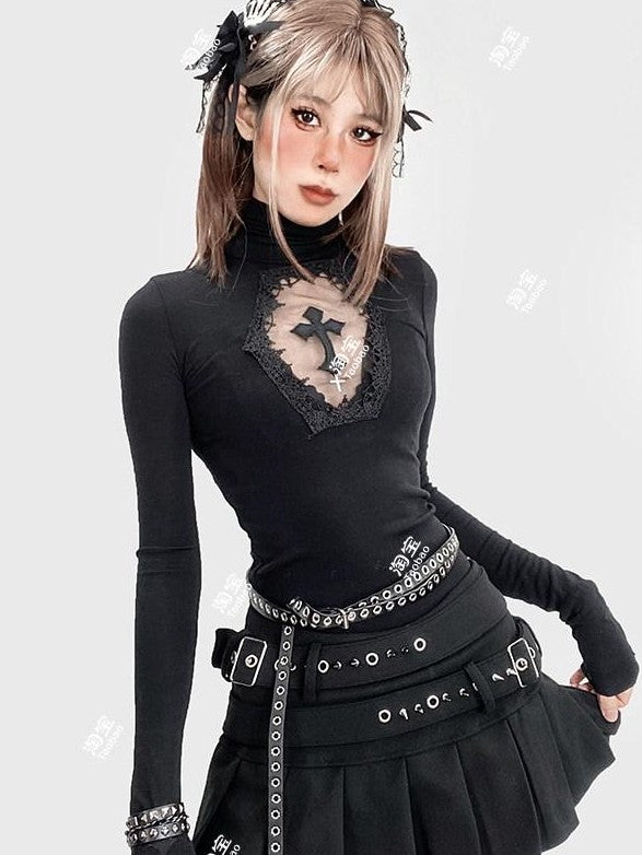 REDDACHIC Gothic Embroidered Cross Cutout High Neck Slim Women'S Knit Long Sleeve T-Shirts