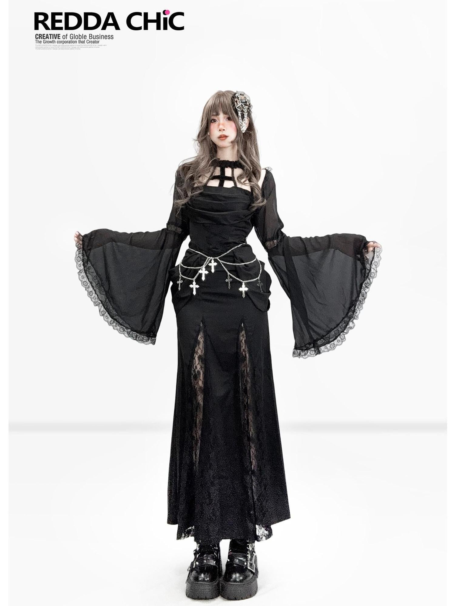 REDDACHIC Gothic Halter Cross Cutout Lace Waist Cinched Bodycon Women'S Slip Maxi Dresses