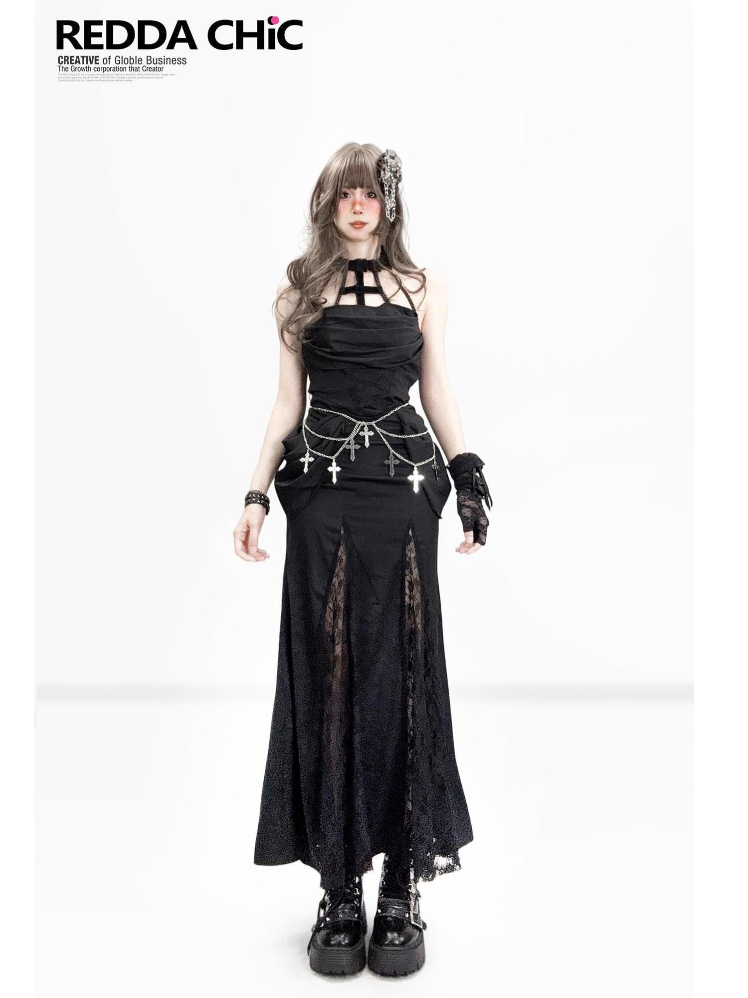 REDDACHIC Gothic Halter Cross Cutout Lace Waist Cinched Bodycon Women'S Slip Maxi Dresses