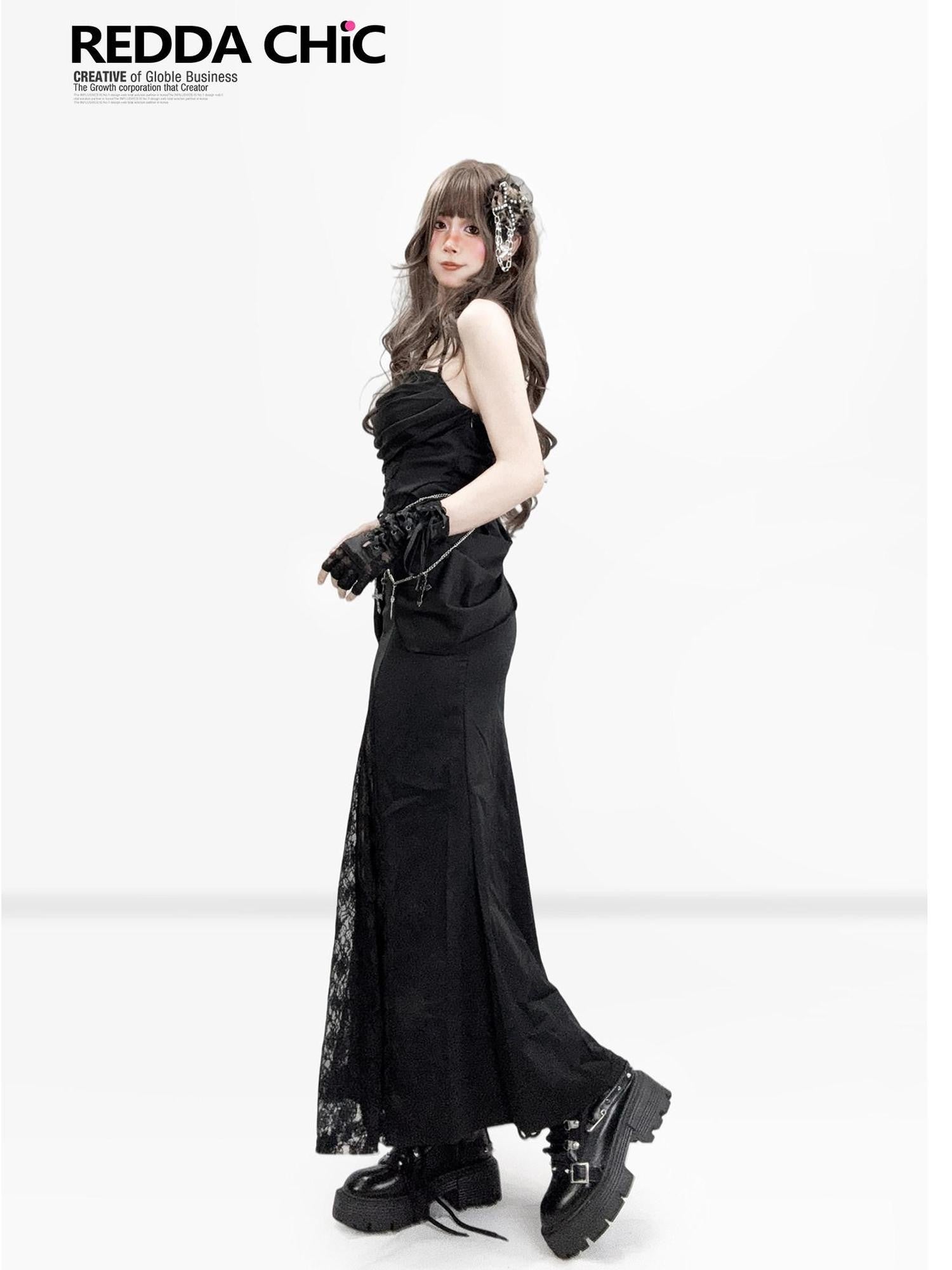 REDDACHIC Gothic Halter Cross Cutout Lace Waist Cinched Bodycon Women'S Slip Maxi Dresses