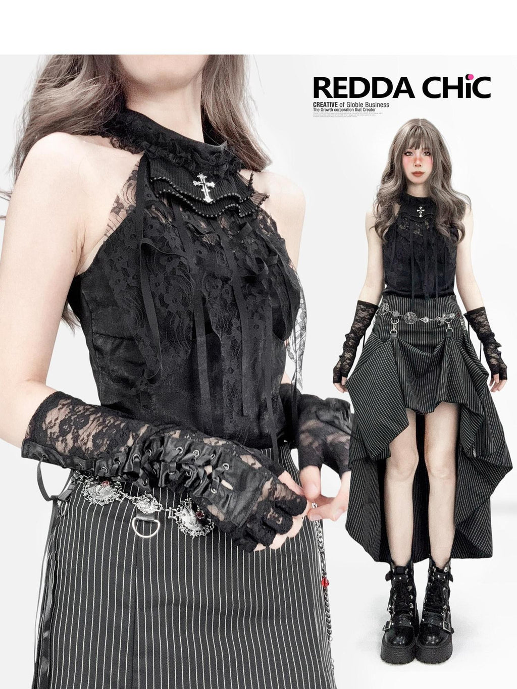 REDDACHIC Gothic Halter Cross Lace High Neck Slim Cropped Women'S Polyester Tank Tops