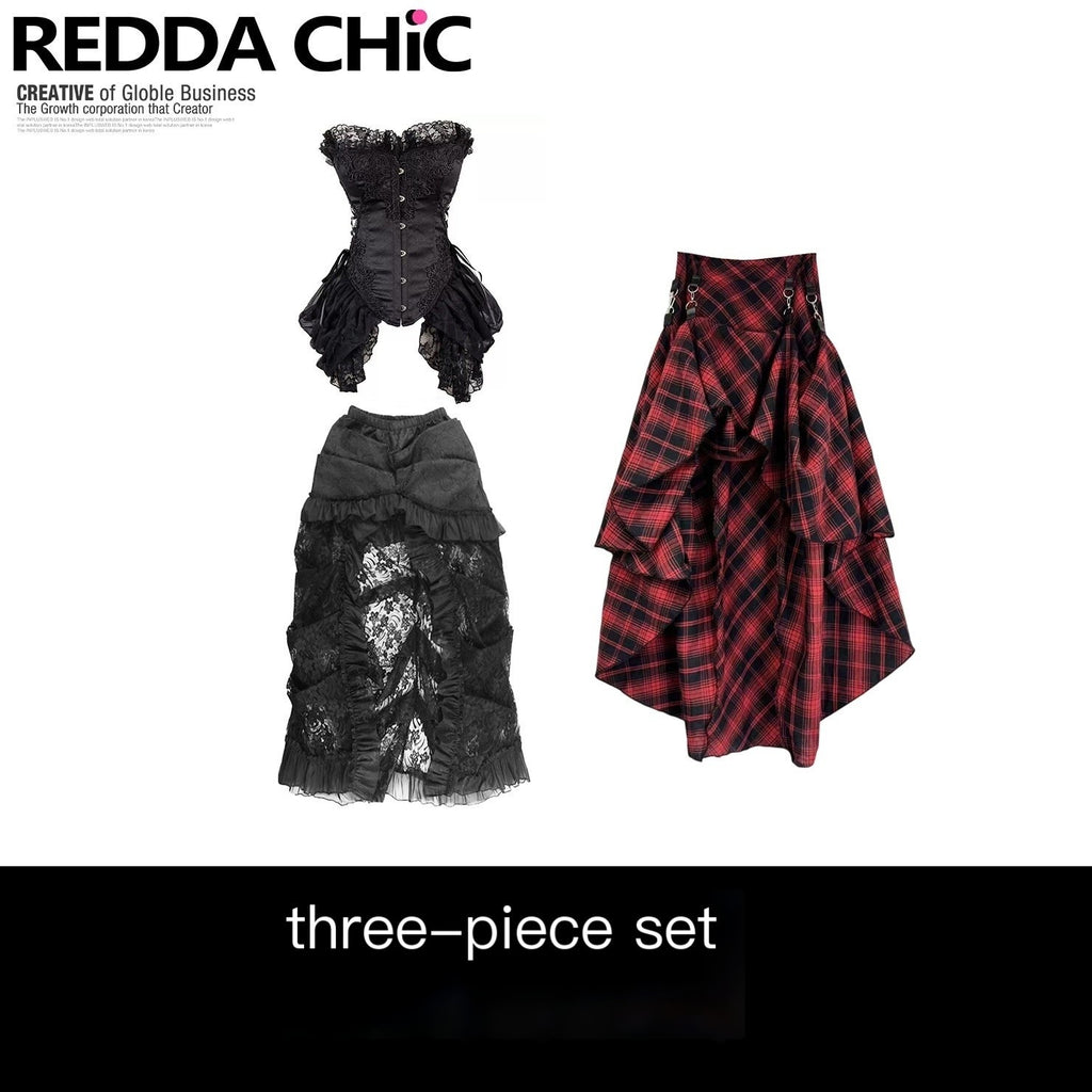 REDDACHIC_Gothic_Lace_Plaid_Boned_Women'S_Composite_Lace_Strapless_Maxi_Dresses_MISSTT