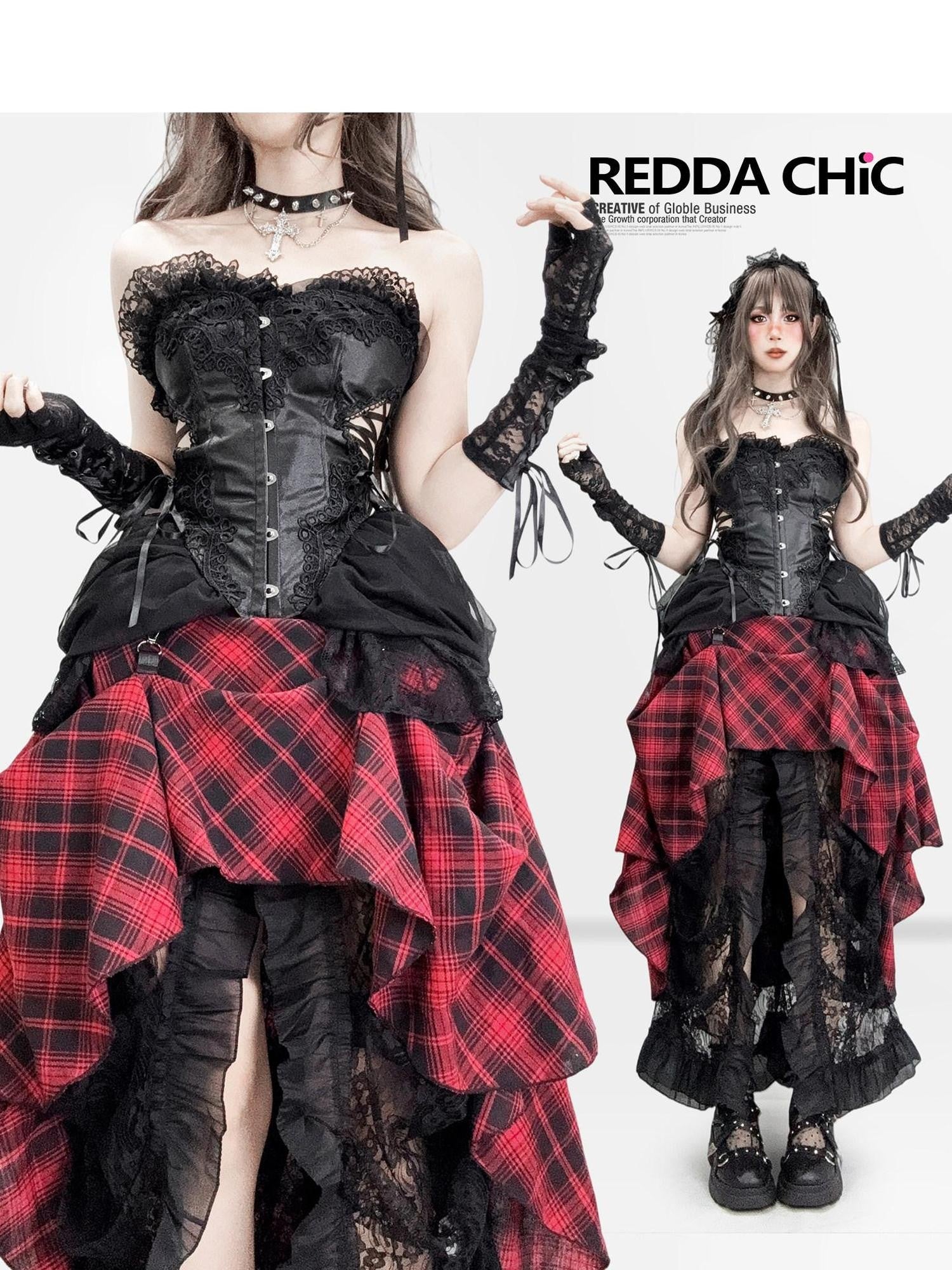 REDDACHIC Gothic Lace Plaid Boned Women'S Composite Lace Strapless Maxi Dresses