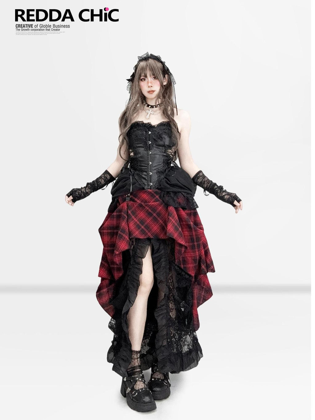 REDDACHIC Gothic Lace Plaid Boned Women'S Composite Lace Strapless Maxi Dresses